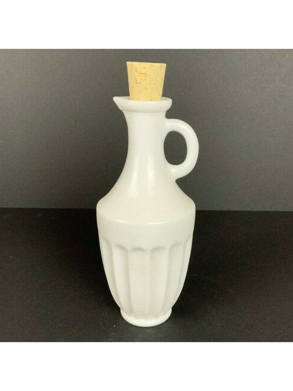 Vintage Milk Glass Pitcher Cork Stopper Fluted Design White Syrup/Oil Dispenser